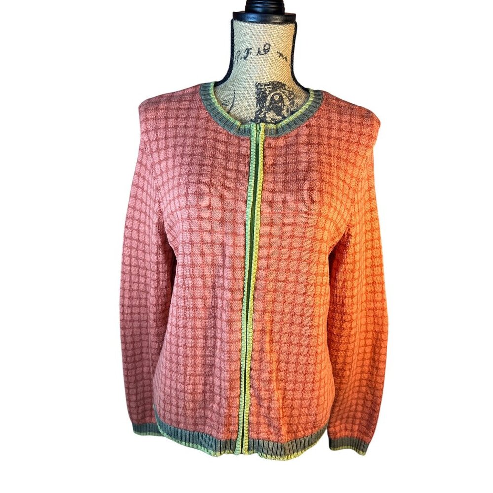 Talbots Womens Cardigan Sweater L Orange/Green Checkered Pattern Elbow patches - Picture 2 of 10